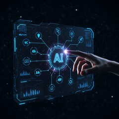 Person hand touching a futuristic design hologram control panel with glowing Ai words, dark background 