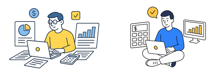 Professionals analyze financial data and create reports in a modern workspace with computers and charts