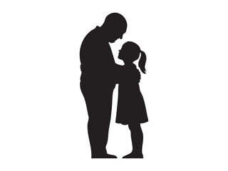 Black silhouette of elderly man and girl embracing, isolated on white background, graphic illustration. concept of family, father-daughter bond, love, icon, design element.
