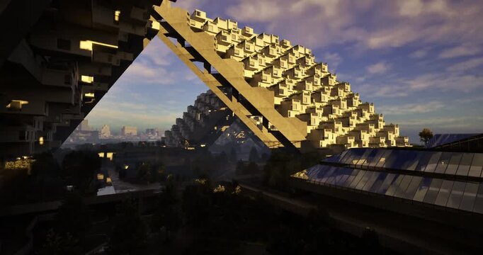 A striking architectural structure showcases unique geometric shapes and terraces. The building contrasts with a stunning skyline under a colorful sky at dusk, creating an artistic atmosphere.