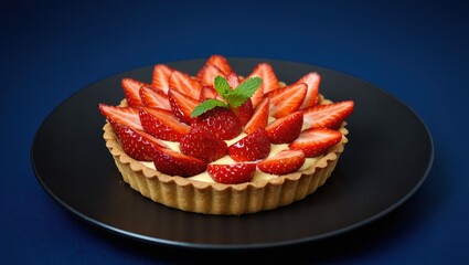 Strawberry tart on black plate