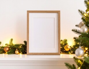blank wooden frame mockup with fir garland and baubles, warm elegant holiday mantle scene