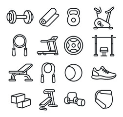 Fitness equipment icons: weights, treadmill, rope, ball, bike, mat