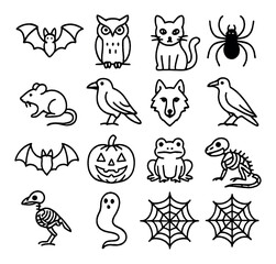 Fototapeta premium Halloween icons: bat, owl, cat, spider, rat, crow, wolf, pumpkin, frog, skeleton, ghost, web