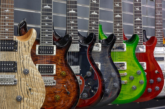 Paul Reed Smith Guitar display. PRS Guitars manufactures a wide array of guitars, bass guitars and amplifiers.
