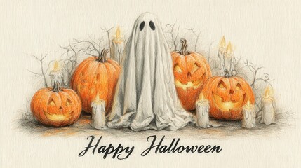 A ghost surrounded by jack-o'-lanterns, lanterns and candles in the background, colored pencil drawing, Halloween theme, cute style, says "Happy Halloween"  