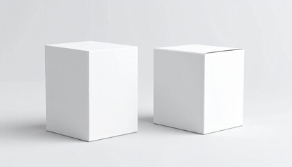 Two clean white product boxes stand ready for branding and promotion in a bright studio setting
