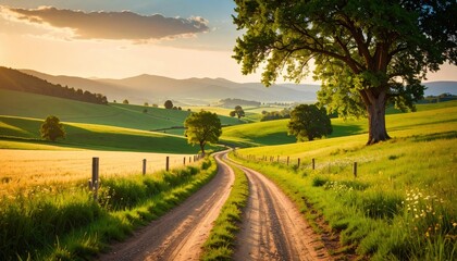 Obraz premium Winding country road through lush green hills bathed in golden sunset light, serene nature.