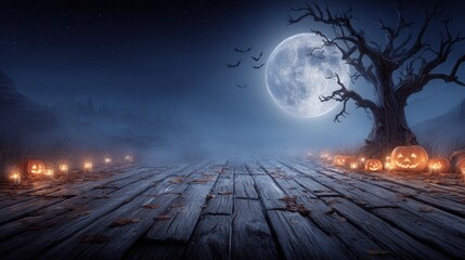 halloween scene a dead tree, a full moon with bats flying in front of the moon, jack-o-lanterns and candles along a path, copy space, wallpaper, backdrop sign