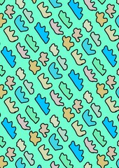 Colorful abstract pattern of shapes on mint green background  