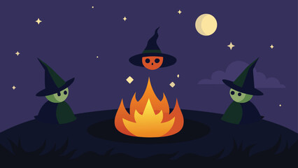 witches flying around a bonfire  mystical halloween vector background