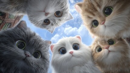 five curious short haired cats looking down into the camera, blue sky and soft clouds above, expressive faces,  