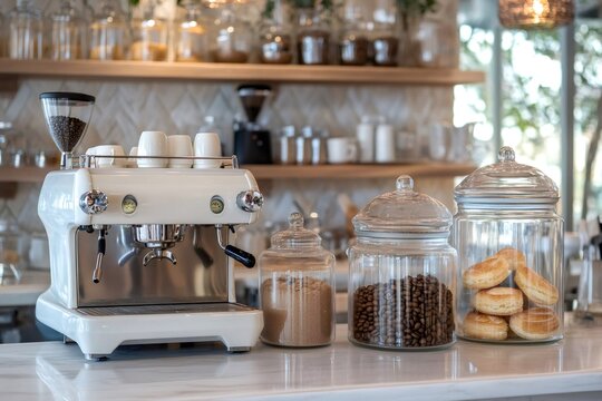 White espresso coffee machine with coffee beans, brown sugar and cookies in glass jars on a marble cafe counter