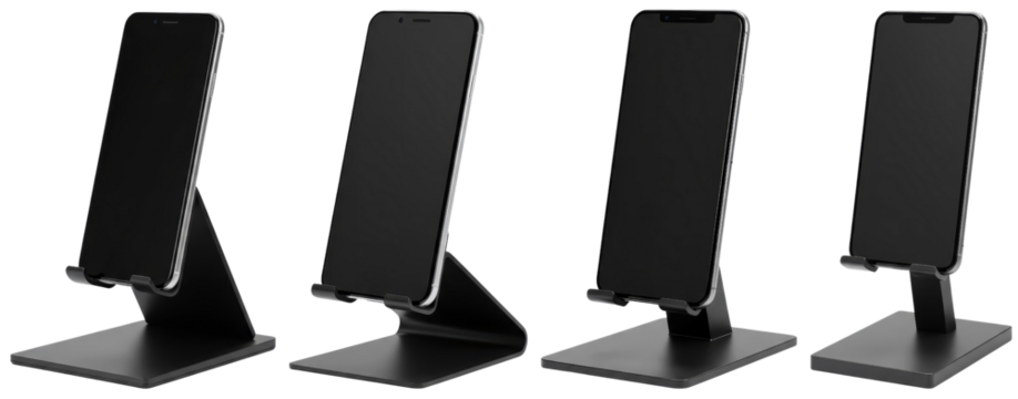 Adjustable smartphone stands in various angles on a transparent background