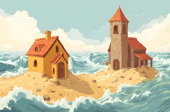 Parable of the wise and foolish builders. House constructed on the sand vs house constructed on a rock. Gospel of Matthew. Flood washing away the house that was built on sand.