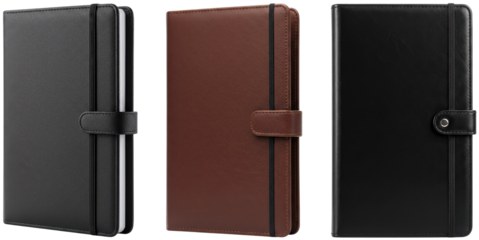 Three leather notebooks in black and brown colors on transparent background  