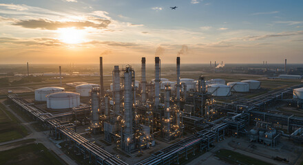 Naklejka premium Oil Refinery at Sunset with Plane in the Sky, Environmental Concerns and Industrial Complex at Twilight
