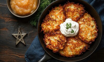 Crispy latkes adorned with sour cream celebrate Hanukkah Jewish Holiday