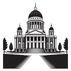 Black and white illustration of a grand capitol building with a dome