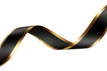 Elegant black and gold ribbon display studio setting graphic art. Isolated on transparent background, png.