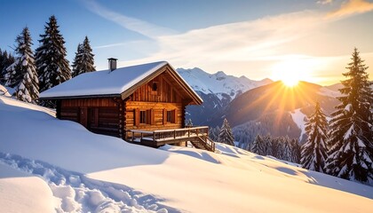 Fototapeta premium Cozy wooden chalet in snowy mountains at sunset