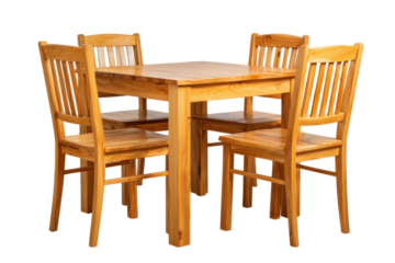 Wooden dining table set with chairs indoor furniture cozy top view. Isolated on transparent background, png.