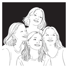 Line art illustration of four smiling girls looking upwards together