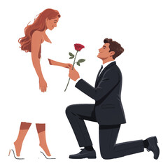 Man kneeling and offering a rose to a woman illustration