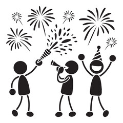 Stick figures celebrating with fireworks and noisemakers at a party