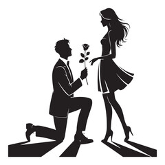 Silhouette of a man proposing with a rose to a woman in a dress