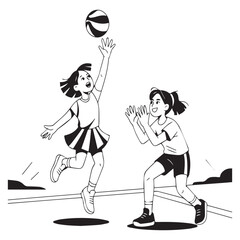 Two girls playing netball in a black and white line drawing
