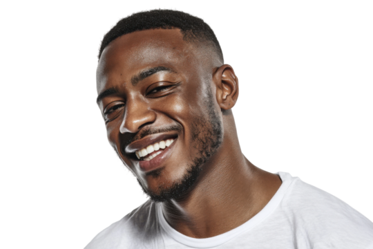 Smiling man portrait studio setting emotions bright background. Isolated on transparent background, png.