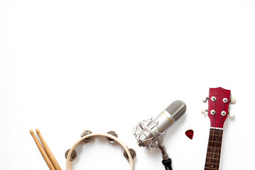 Different musical instruments with studio microphone. Recording music in studio concept