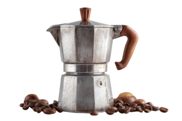 Indoor moka pot coffee brewing close-up product photography. Isolated on transparent background, png.