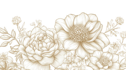 Elegant Gold Line Art Floral Border:  Roses, Anemones, and Delicate Blooms on Black Background