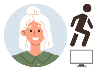 Smiling woman in green collar, figure stepping up, and a monitor screen. Ideal for leadership, growth, success, technology, multitasking, virtual collaboration personal progresssimple flat metaphor