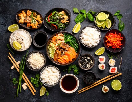An overhead view of Asian cuisine ingredients arranged artistically on a stone surfac jpg