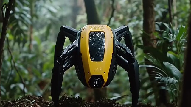 Advanced hexapod robot exploring challenging terrain in a lush jungle setting
