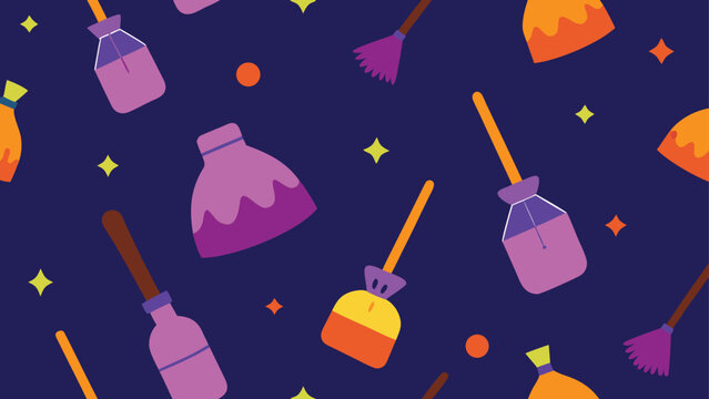 cute potion bottles and witch broom pattern  vector background