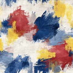 expressionist brushstroke allover print primary red blue yellow on offwhite canvas texture.