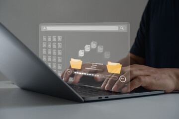 Digital File Data Transfer and Cloud Backup Concept for Business and Technology. Businessman using...