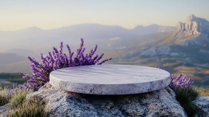 Elevated stone podium surrounded by lavender on a mountain peak, inviting display
