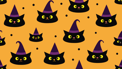 cute witches  hats and black cats pattern  vector background