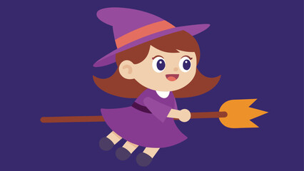 cute witch girl riding broomstick  cartoon vector background