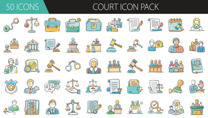 Court Icon Pack with 50 Legal and Justice Elements - A professional set of 50 cartoon-style court icons, including judges, gavels, scales, lawyers, documents, and law symbols for legal, civic, 