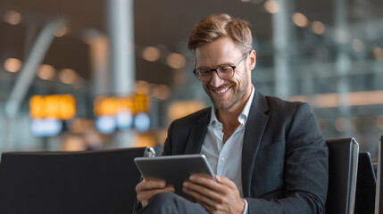 Smiling businessman, wearing glasses, suit, is engrossed in his tablet while sitting in airport lounge on blurred background. Busy travel hub. Themes of business travel, digital nomadism, connectivity