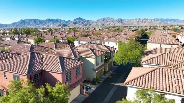 Aerial Suburban Las Vegas with Mt Charleston Backdrop