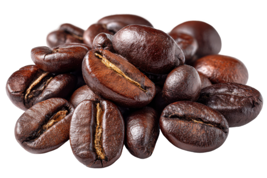 Food photography fresh coffee beans on indoor kitchen counter. Isolated on transparent background, png.