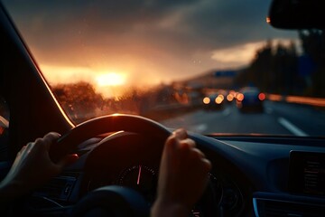 Obraz premium Driver holding steering wheel while driving on highway at sunset