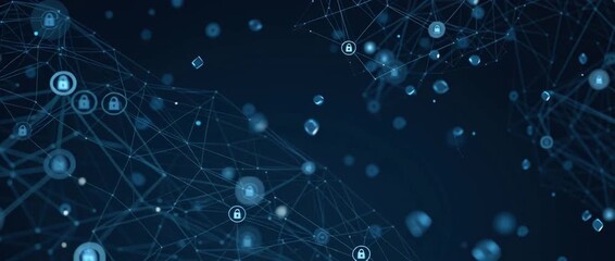 A digital illustration of interconnected nodes with security symbols, representing network protection and data safety in the cyber space on a dark blue background Generative AI - Powered by Adobe
